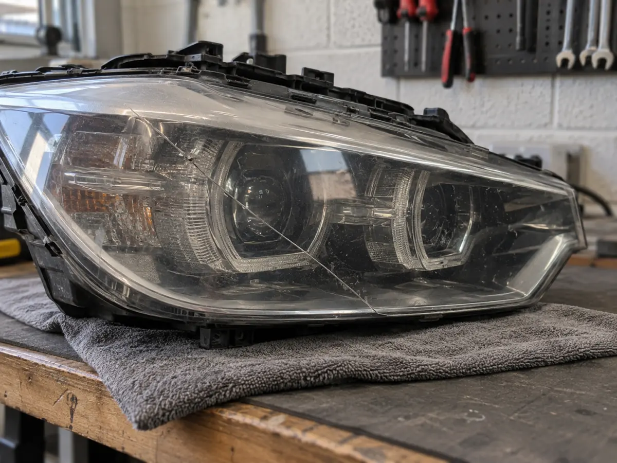 Cracked outer lens on a 3 Series F30 headlight ready to be replaced