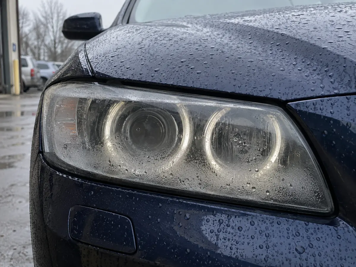 Water droplets on the inside of a BMW headlight lens before resealing
