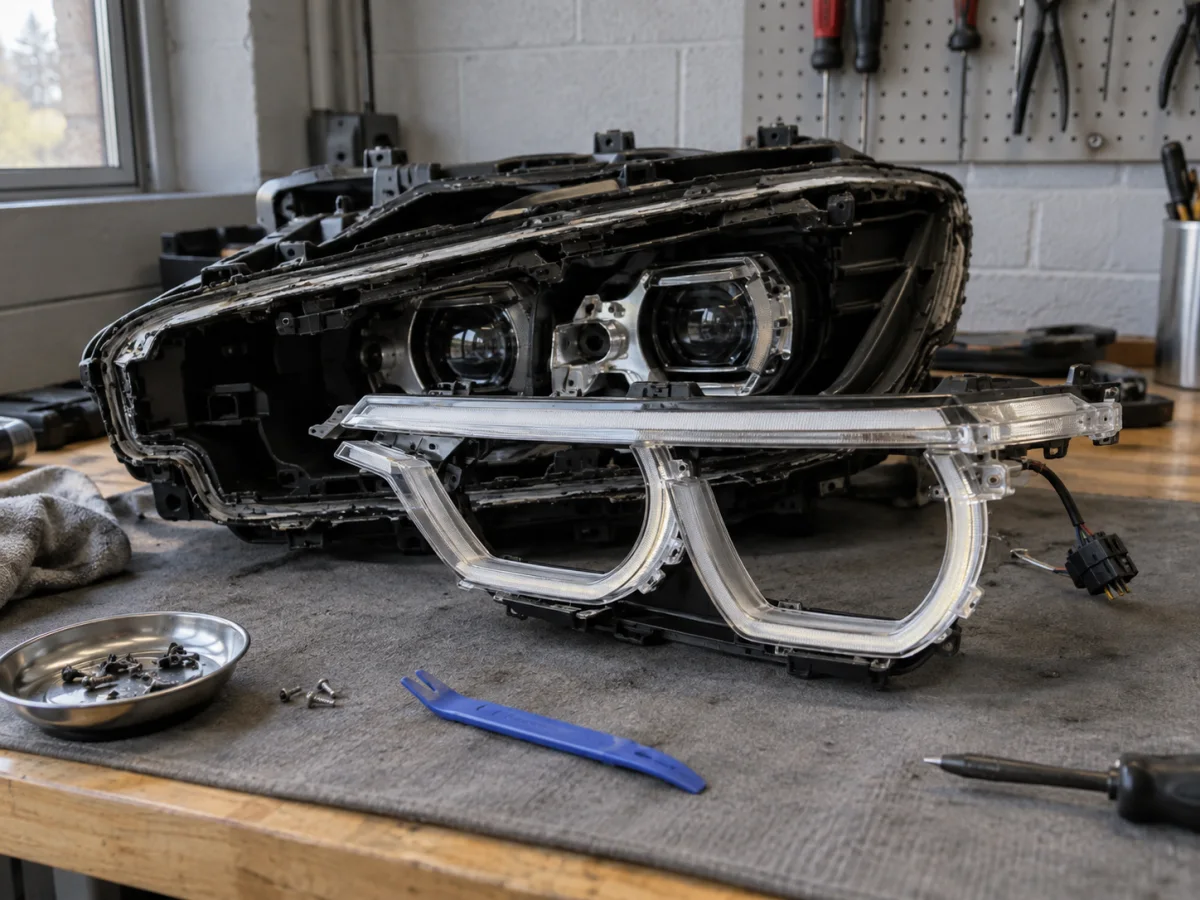 BMW LED headlight with the lens off and the daytime running light module exposed
