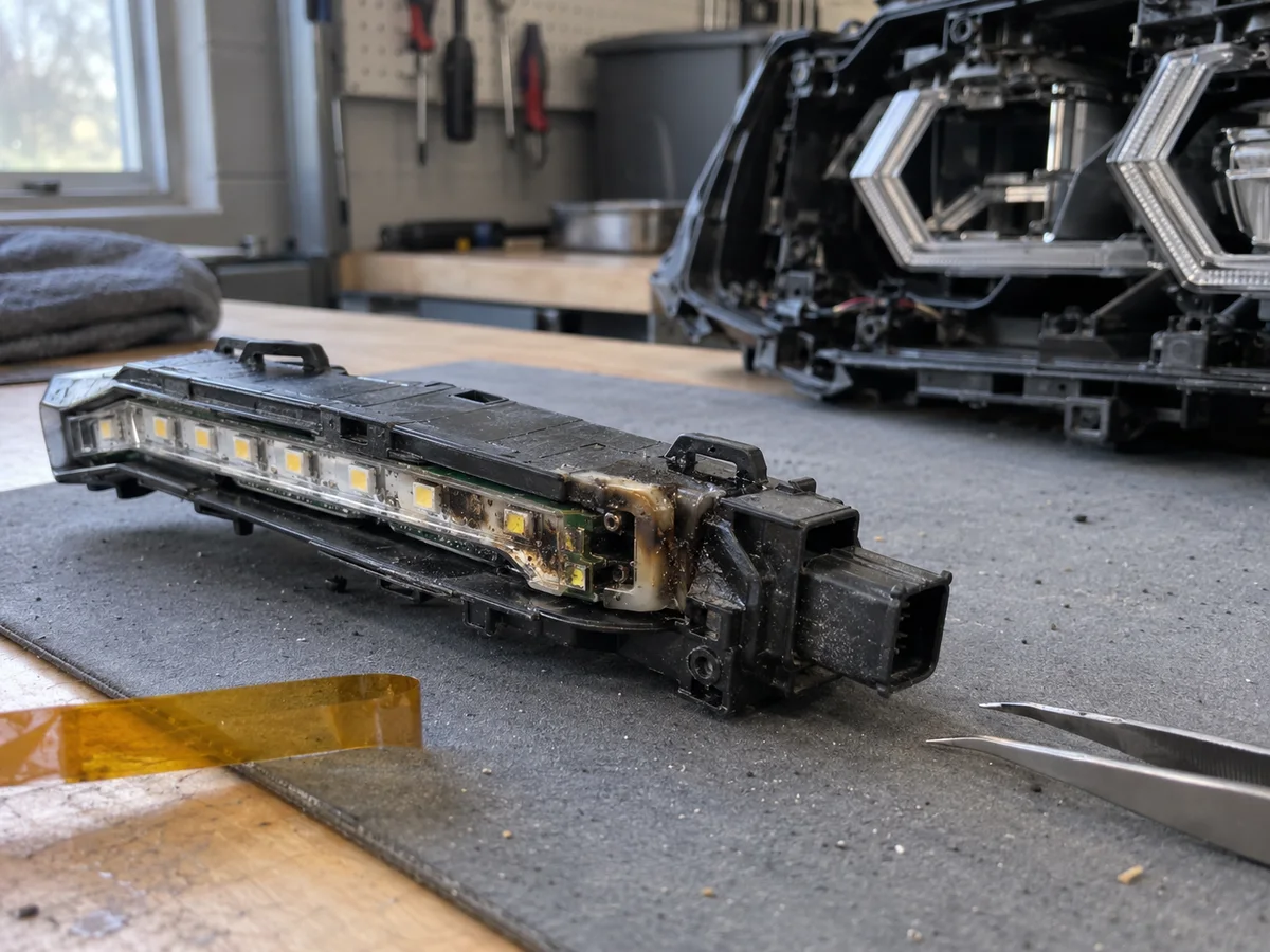 Daytime running light module from an X3 headlight with heat damage on its housing