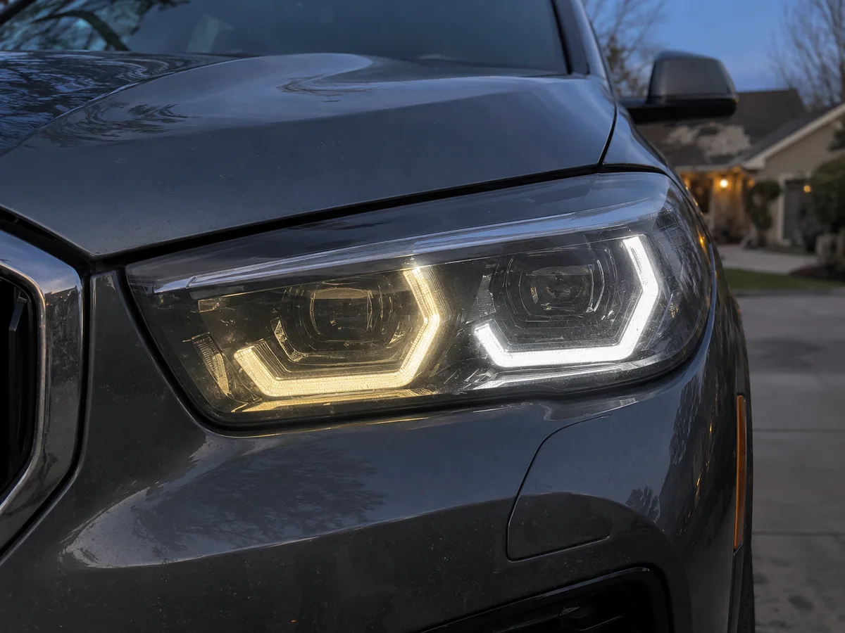 BMW X5 G05 headlight with a daytime running light that glows yellow on one side