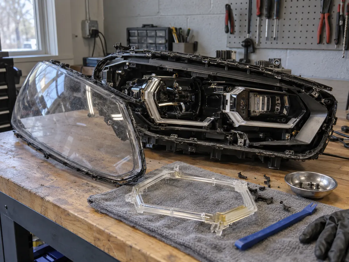 Inside of an X5 LED headlight, with the daytime running light guide visible behind the lens