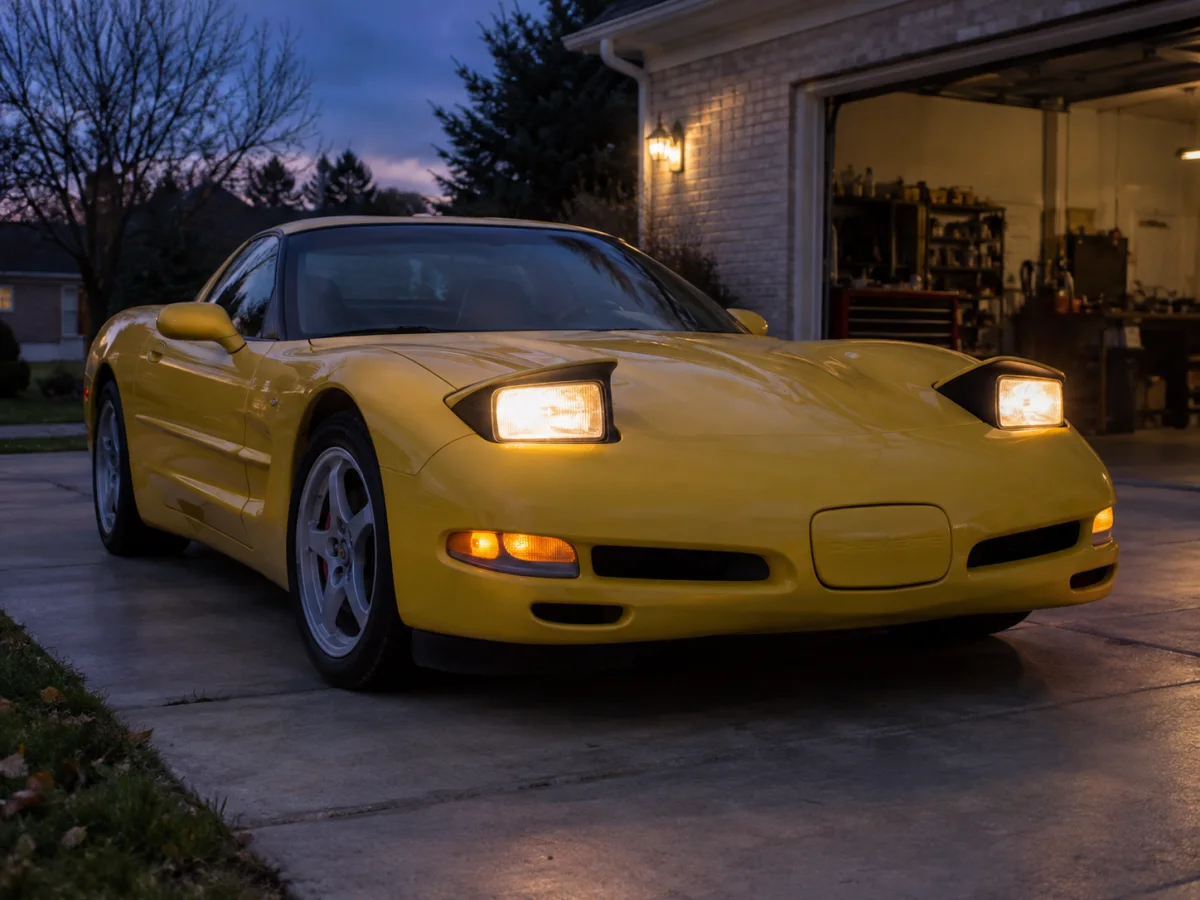 C5 Corvette with its pop-up headlights raised and switched on