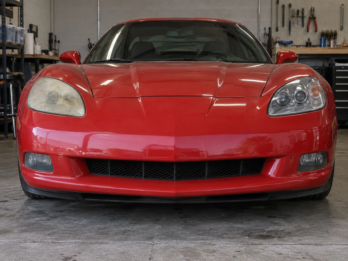 C6 Corvette front with one headlight lens yellowed and pitted next to a clear one