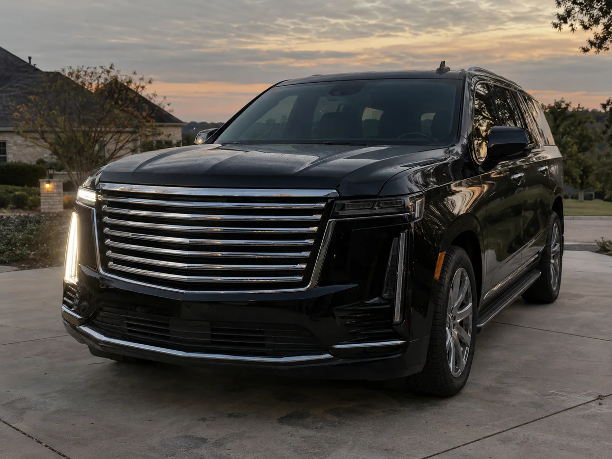 Cadillac Escalade at dusk with the driver-side LED headlight dark