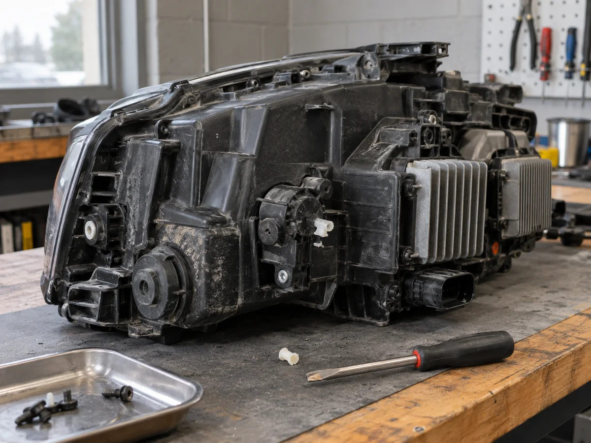 Back of a full-size Chevrolet SUV headlight showing the aiming adjuster and its plastic mount
