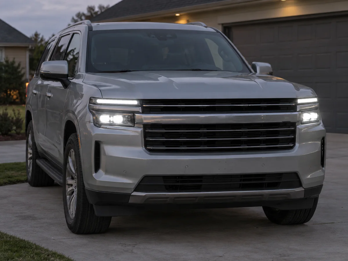 Front of a 2021 Chevrolet SUV with both LED headlights on at dusk