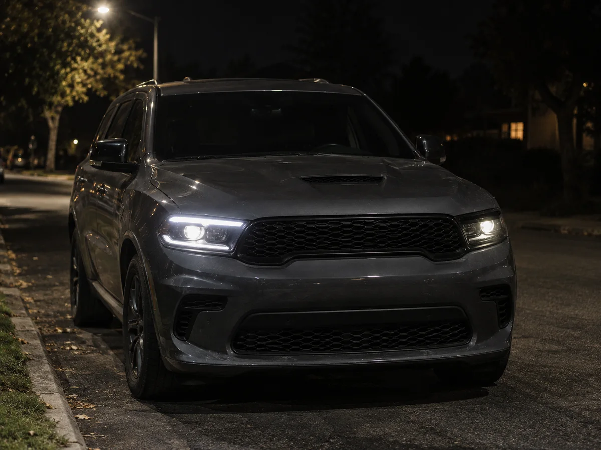 Front of a 2021 Dodge SUV at night with the daytime running light dark on the driver side