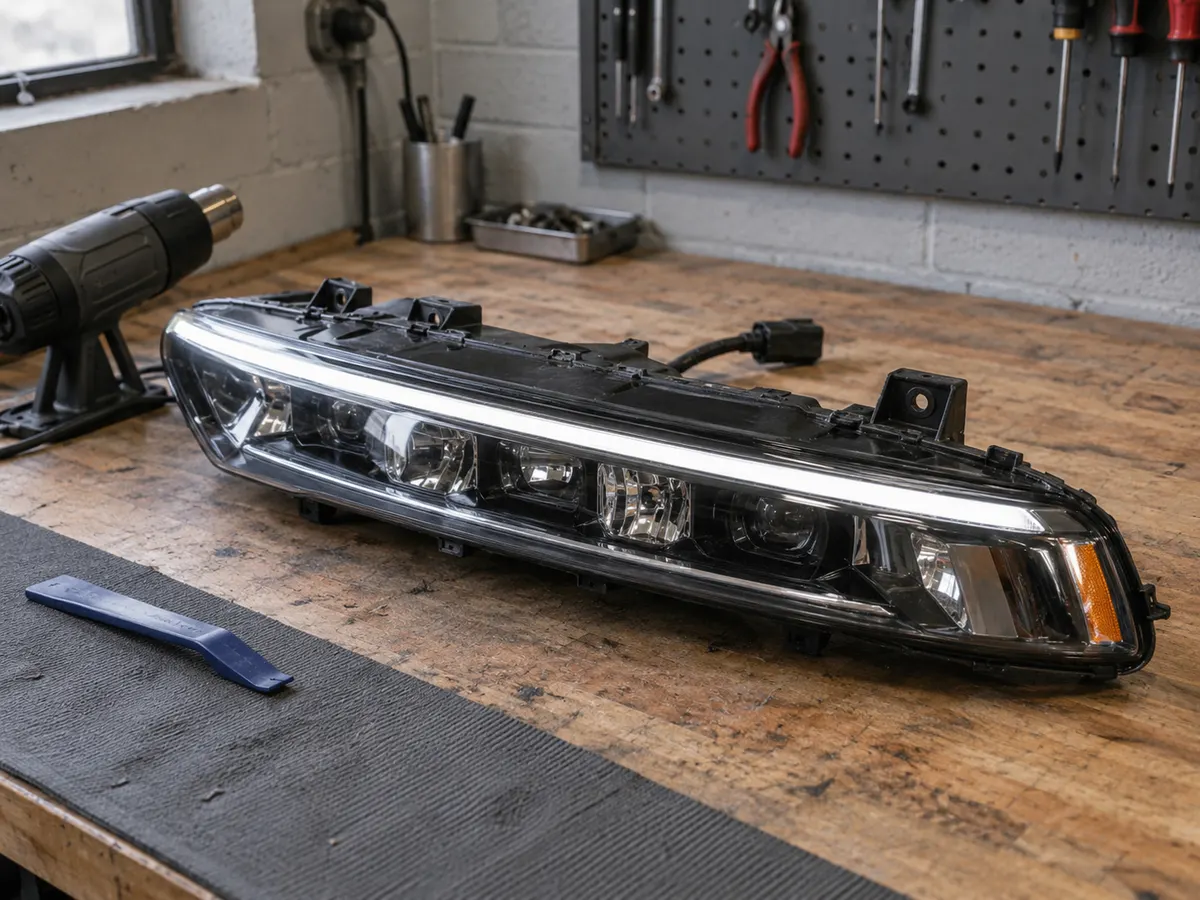 LED headlamp from a mid-size Dodge SUV on a bench, with the daytime running light strip along the top