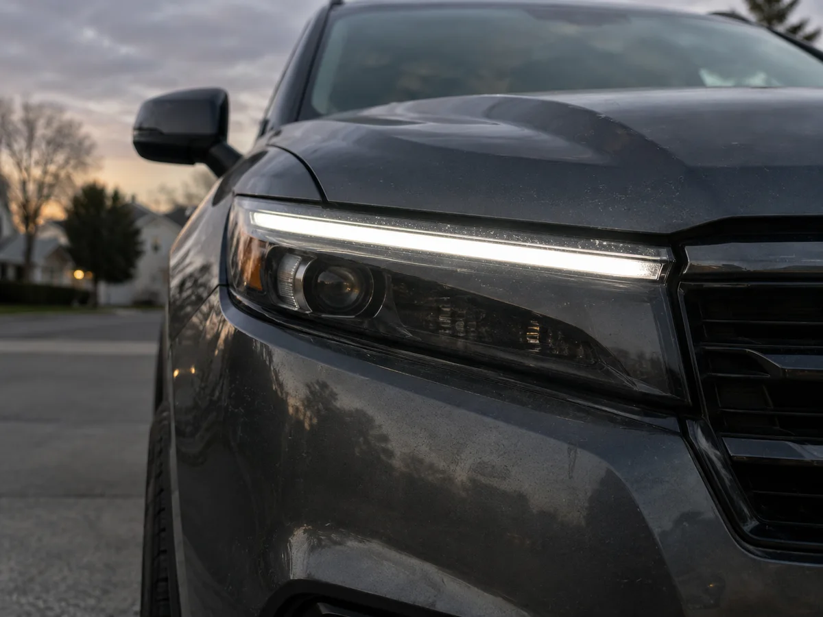 Dodge LED headlamp with its daytime running light strip lit, seen at an angle