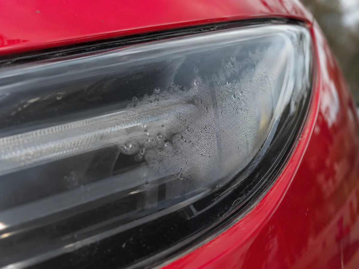 Droplets of moisture behind the clear lens of a Ferrari headlight, seen up close