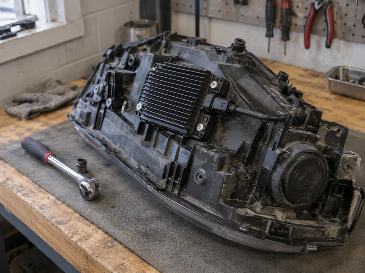 LED driver module bolted to the underside of a pickup truck headlight housing