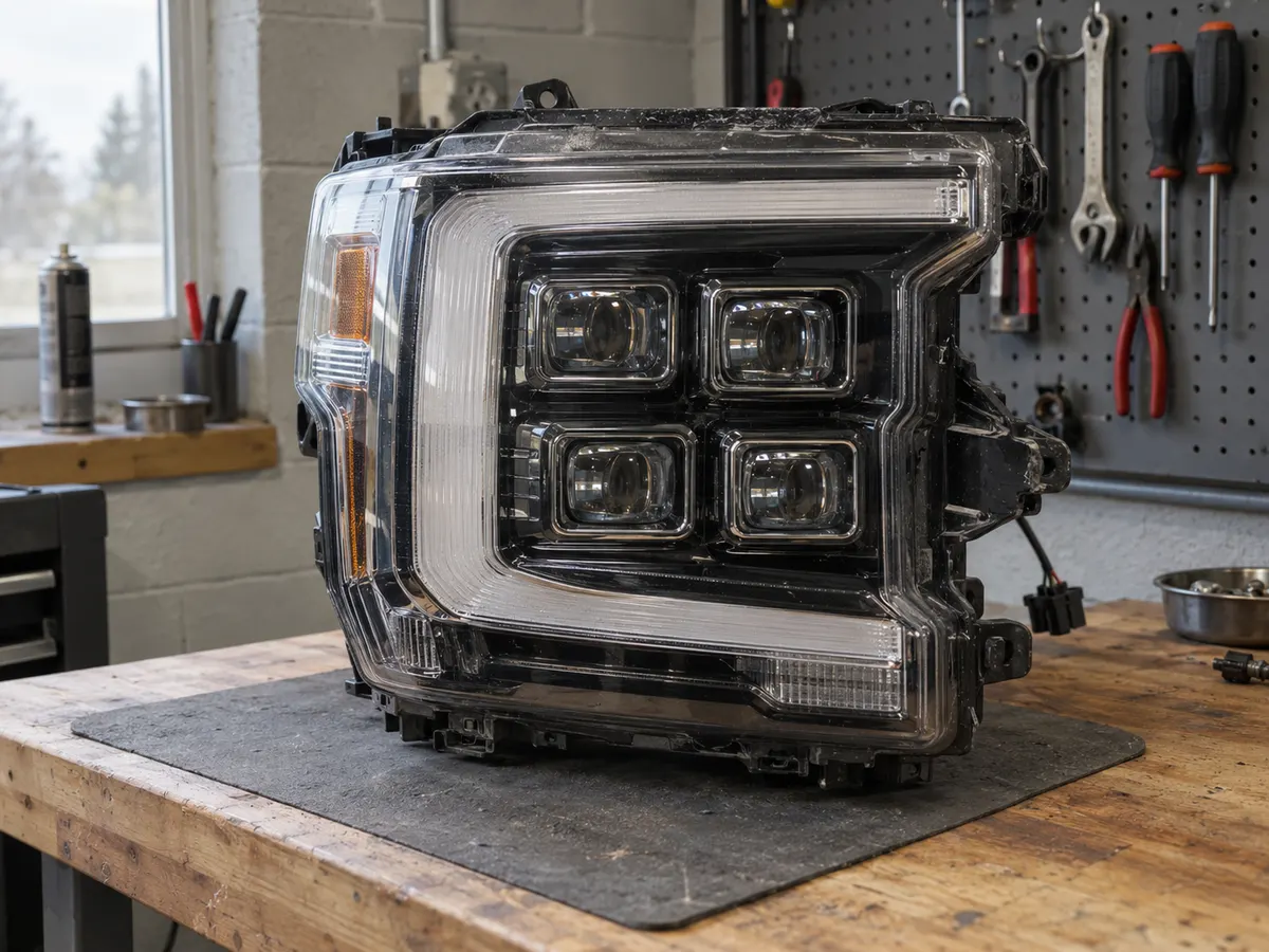 Factory quad LED headlight from a late-model Ford pickup, removed from the truck and seen from the front