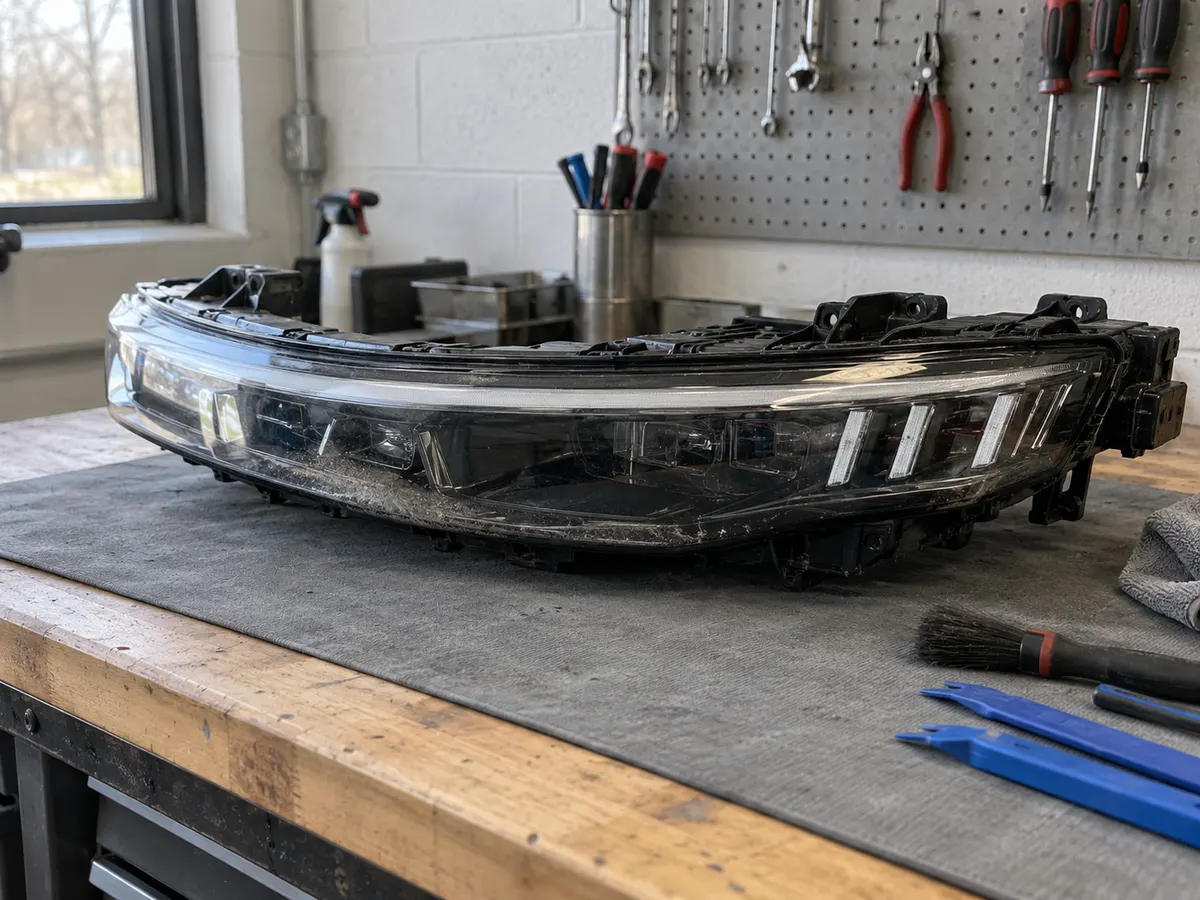 Sealed LED headlight from an electric crossover on a bench, with its light strip along the upper edge