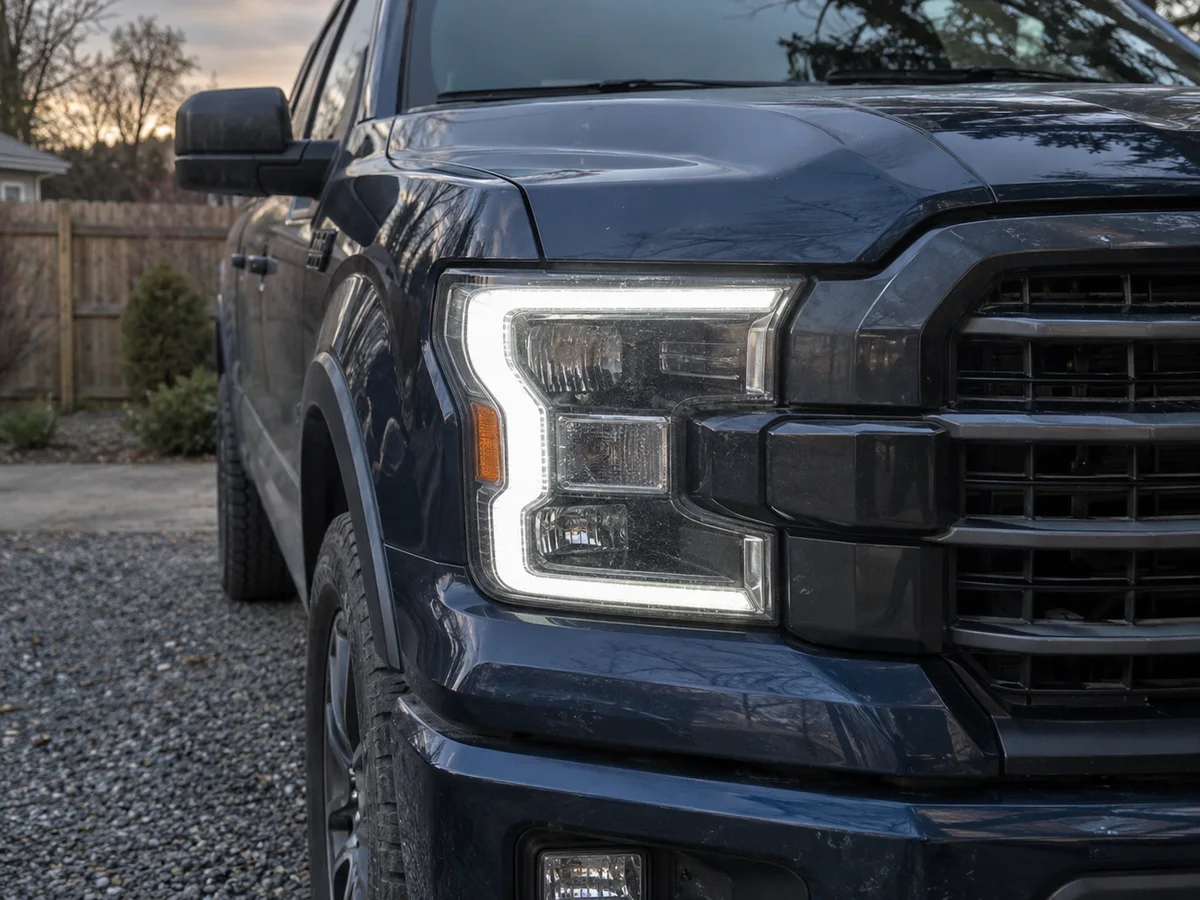 LED headlight and grille of a Ford pickup truck seen from the front at dusk