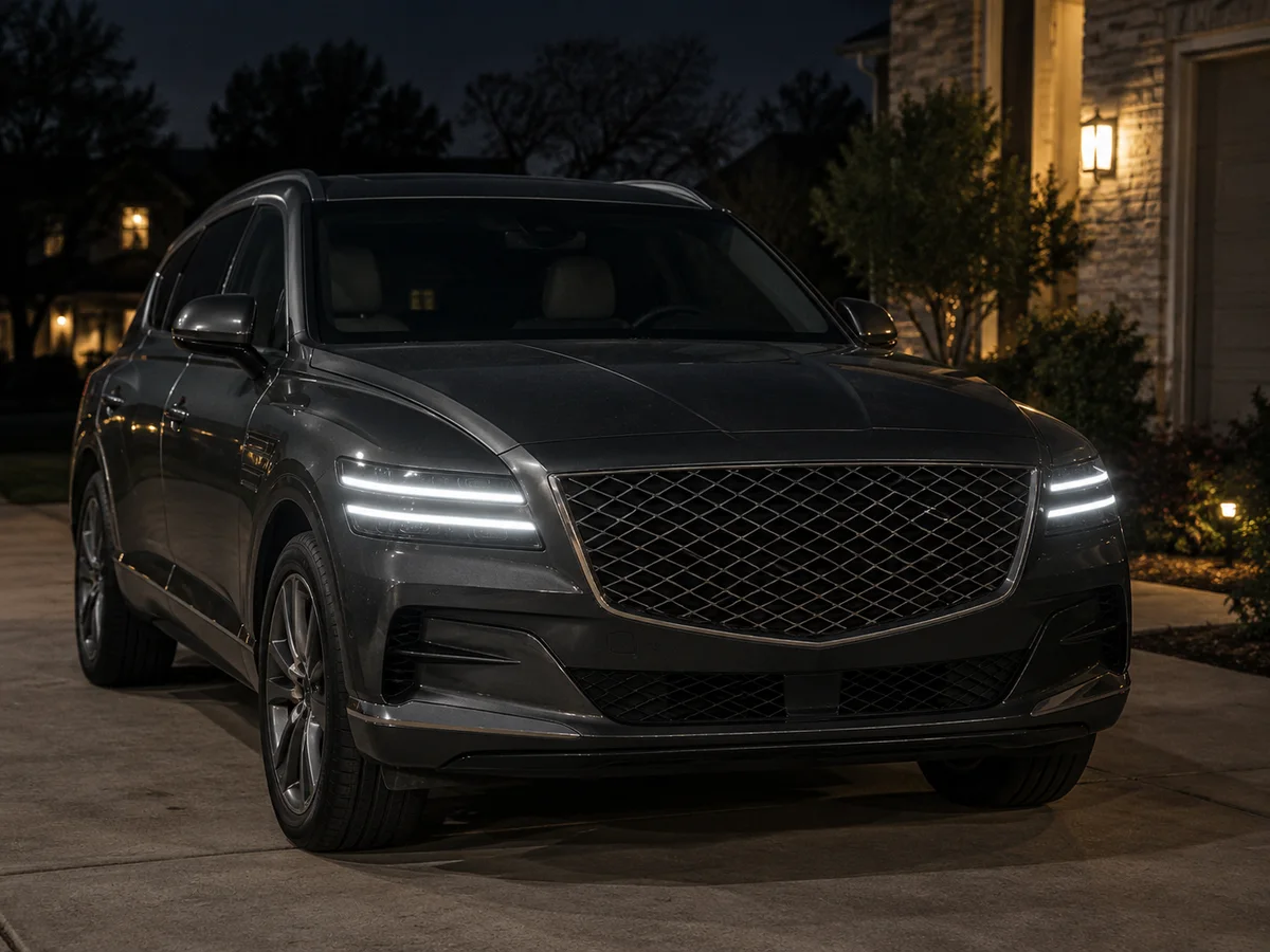 Frente de una Genesis GV80 de noche con los dos faros LED de cuatro líneas prendidos