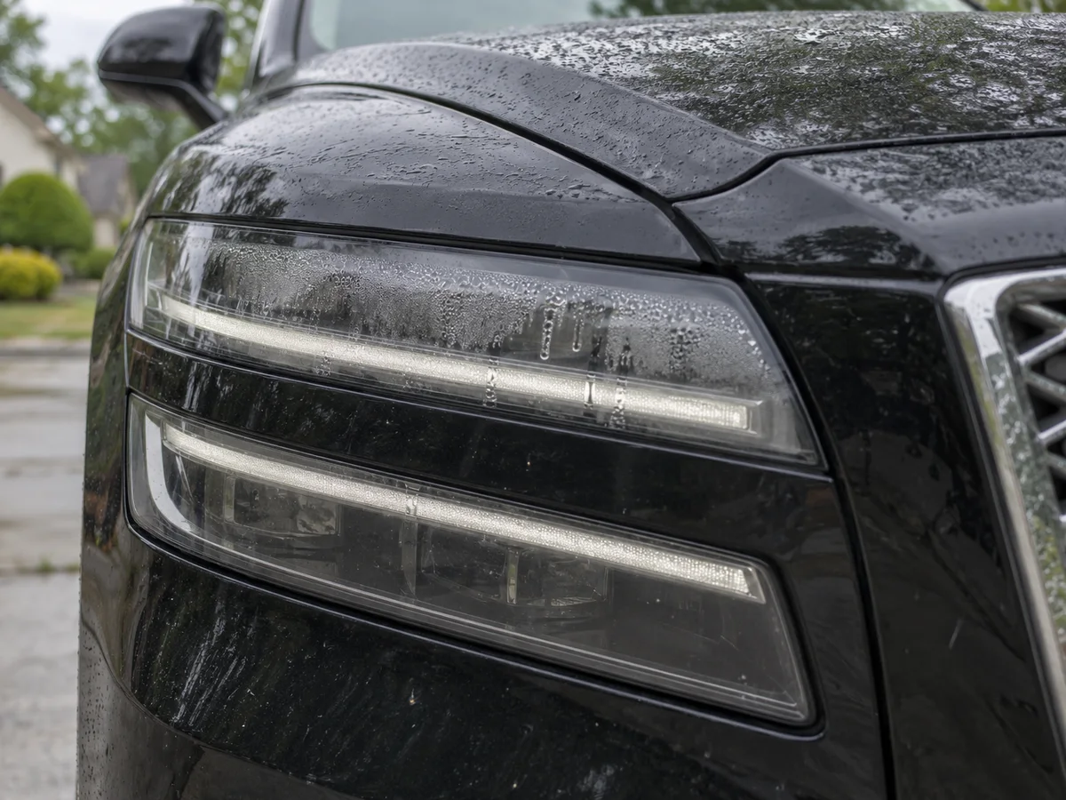 Genesis SUV LED headlight with condensation along the top of the lens