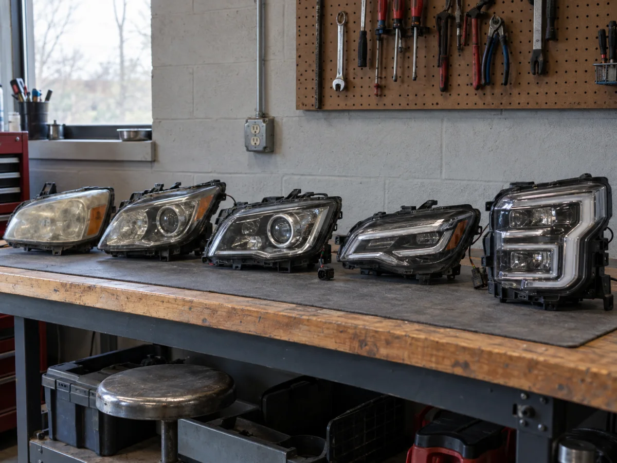Headlights from several car makes lined up side by side, from halogen to LED