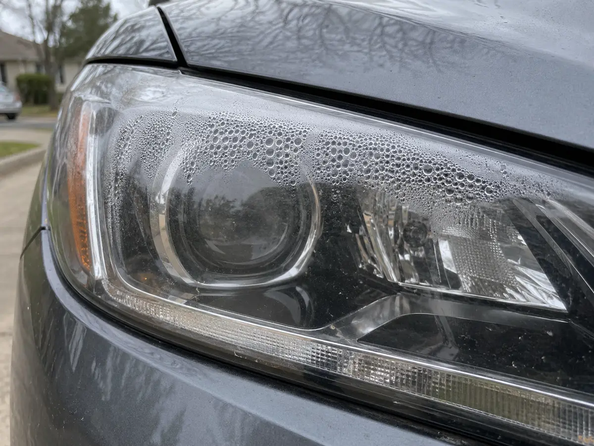 Droplets of condensation on the inside of a sedan LED headlight lens
