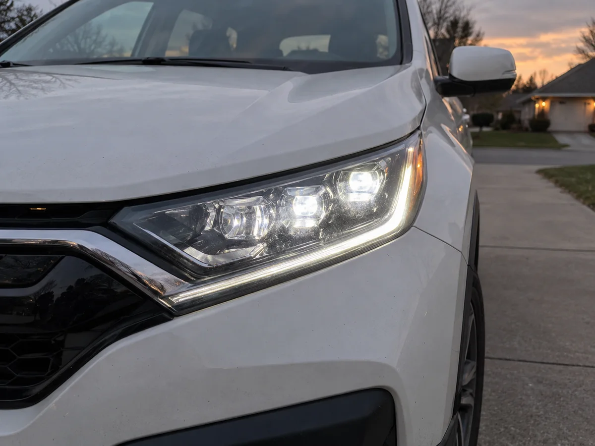 LED headlight and daytime running light on a newer Honda compact SUV at dusk