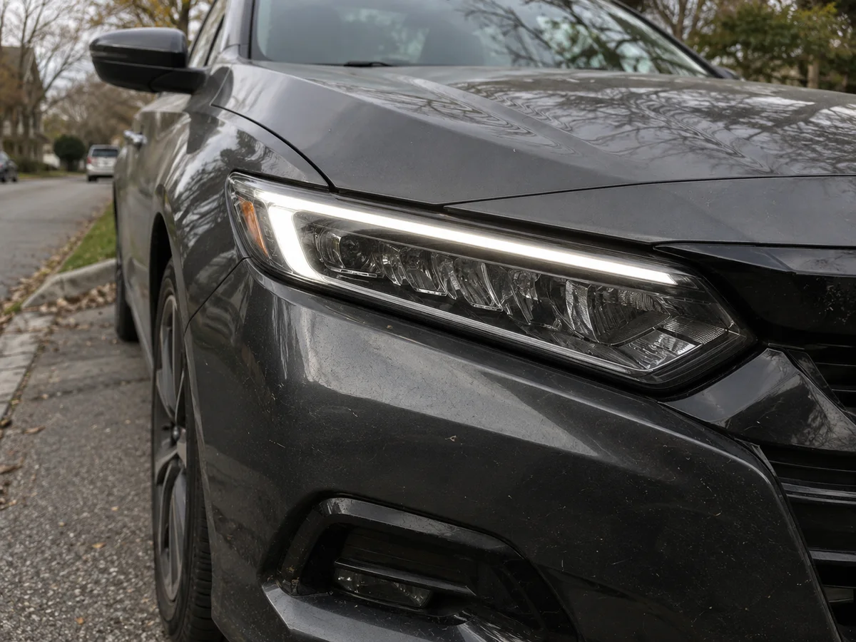 LED headlight of a Honda sedan with its daytime running light lit, seen from the front corner