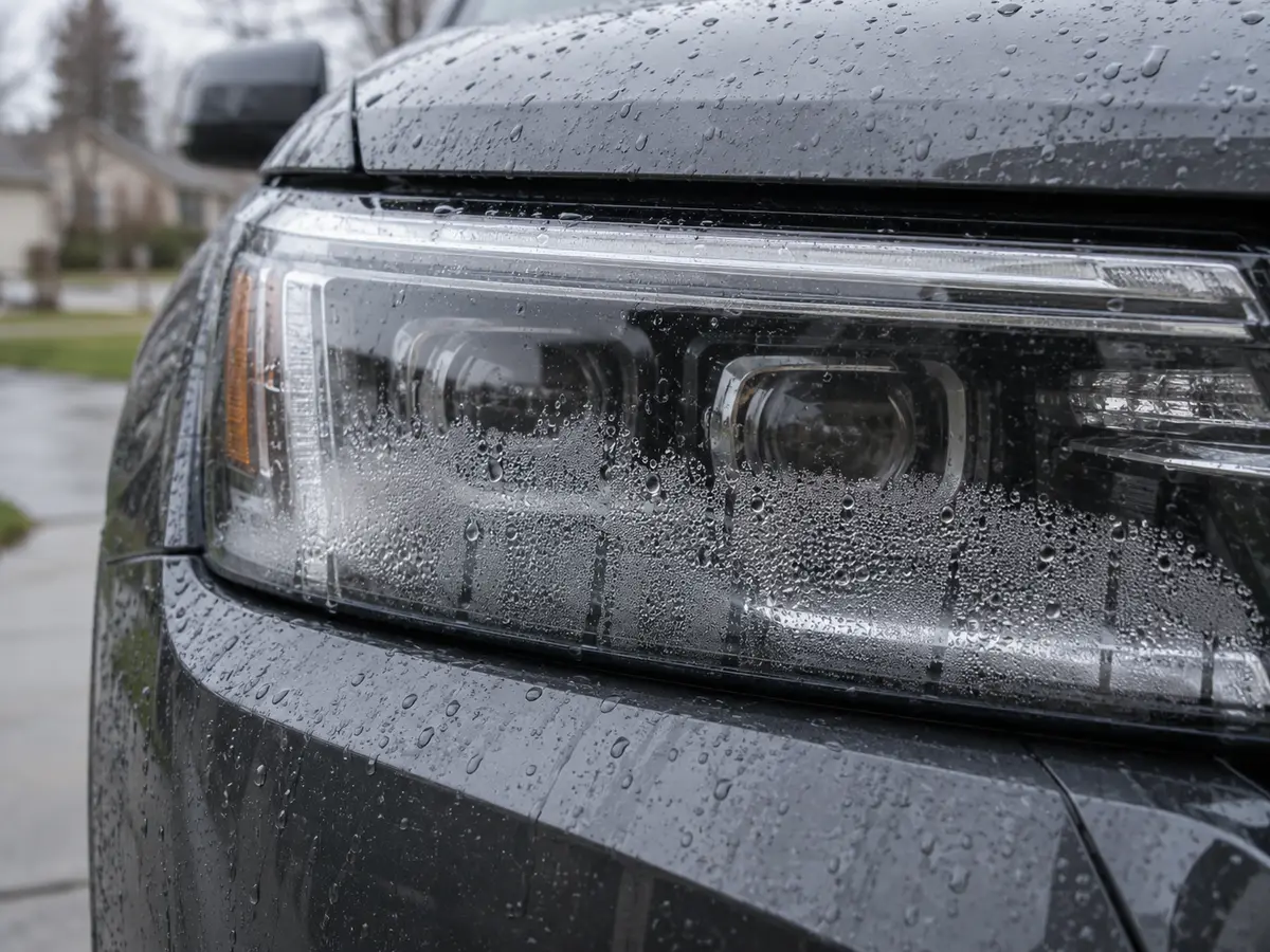 Droplets of condensation on the inside of an SUV LED headlight lens
