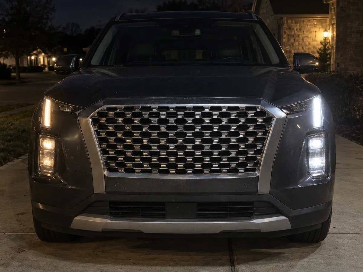 Front of a large Hyundai SUV at night with one LED headlight dimmer than the other