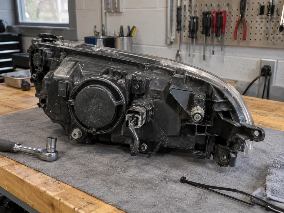 Infiniti QX60 headlight removed from the SUV, seen from the back with the ballast cover visible
