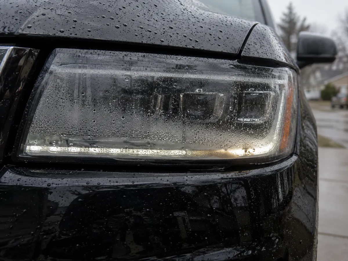 Water droplets inside an Infiniti QX80 LED headlight, next to the daytime running light strip