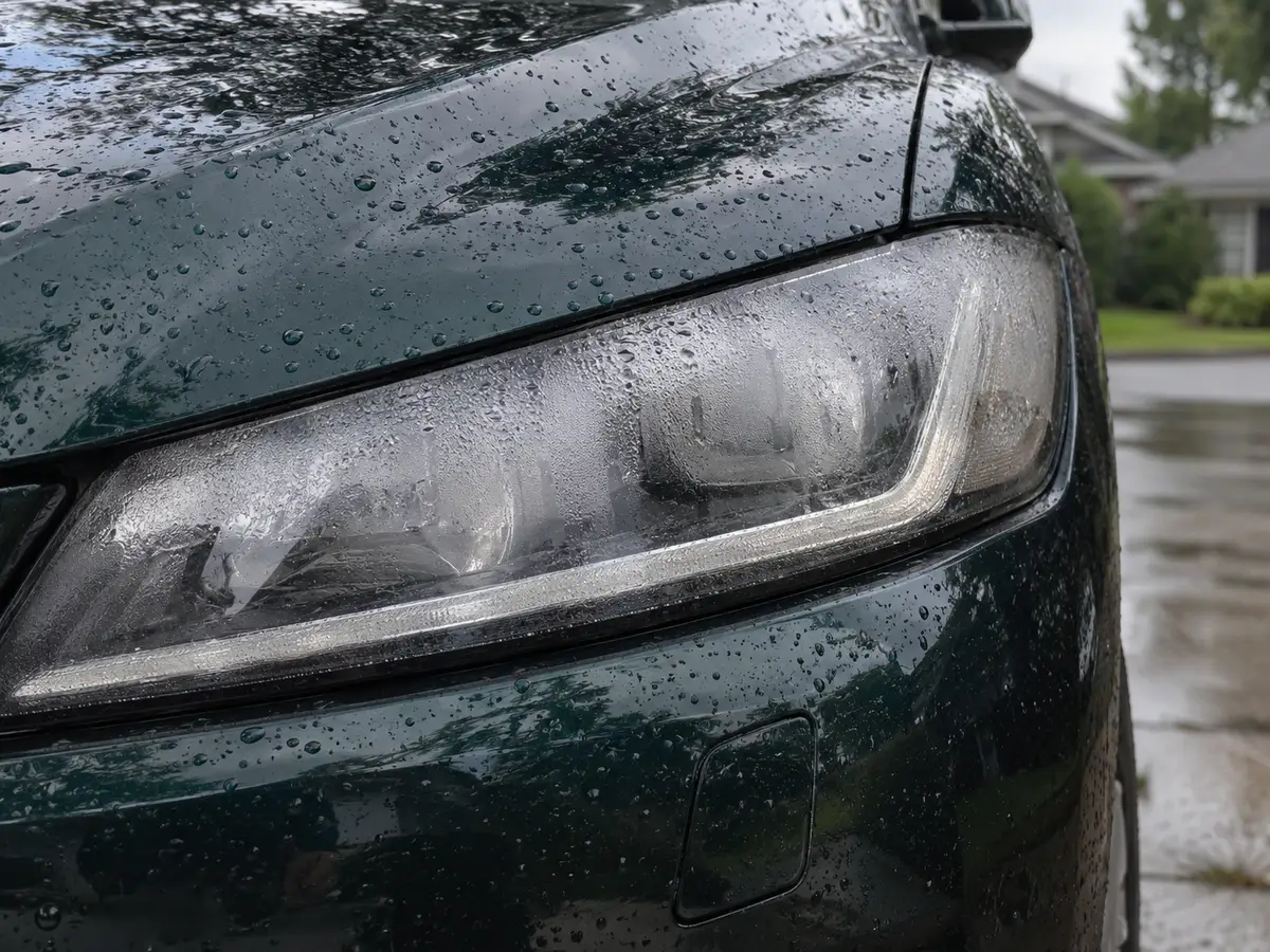 Condensation behind the lens of a Jaguar F-Pace headlight on the driver side