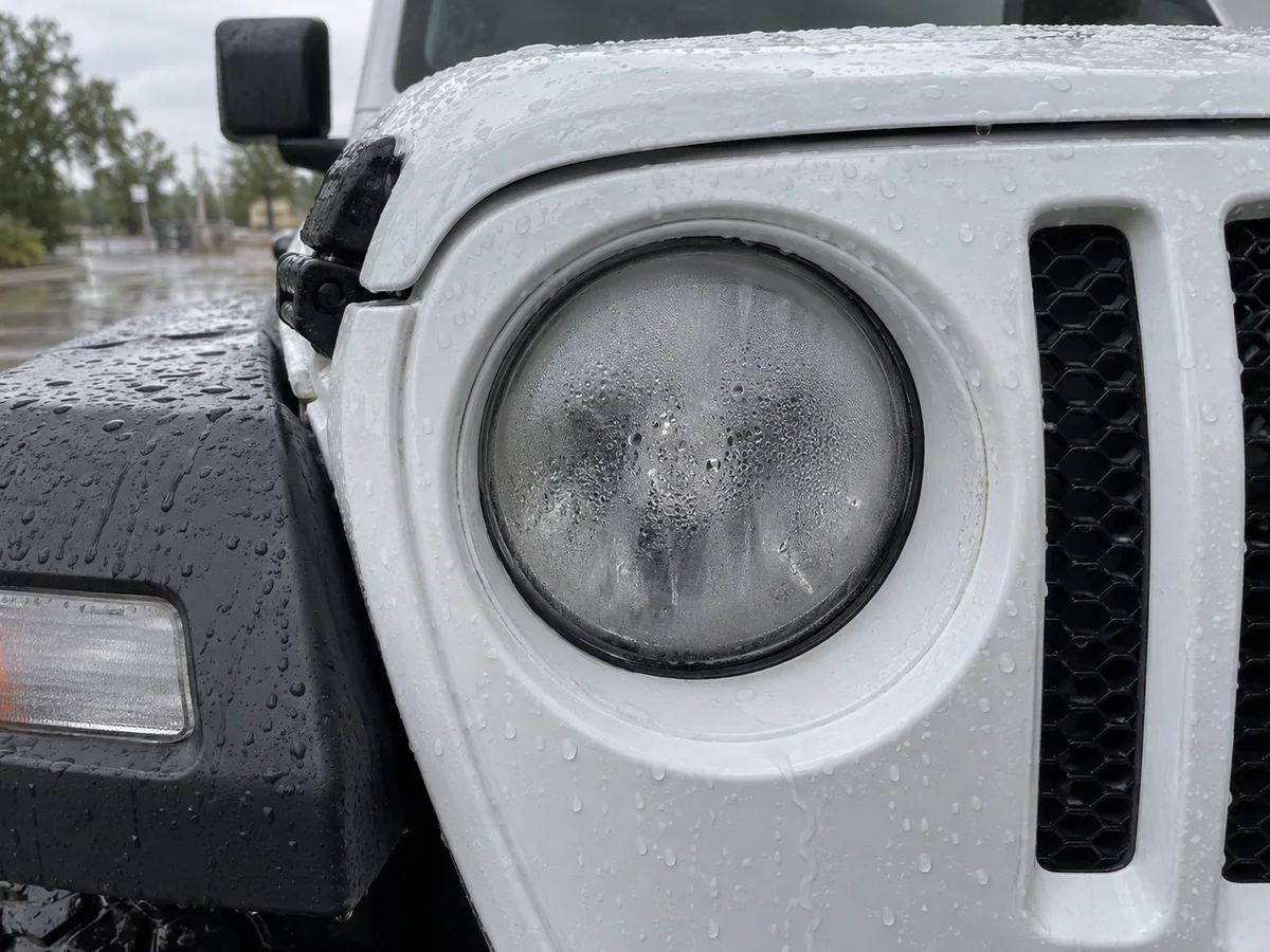Fog inside the lens of a factory headlight on a Jeep Gladiator after a car wash