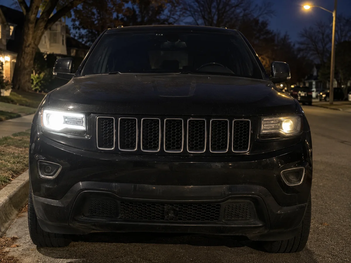 Jeep Grand Cherokee WK2 at night with the driver side headlight dimmed and flickering