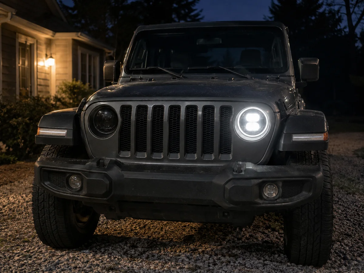 Jeep Wrangler JL at night with the factory LED headlight lit on one side and dark on the other