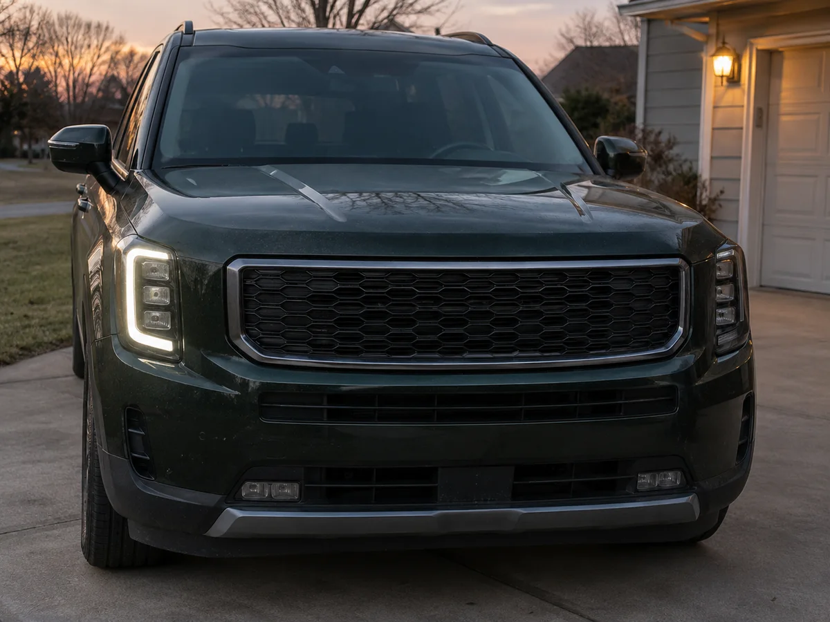 Kia SUV at dusk with the daytime running light lit on one side and dark on the other