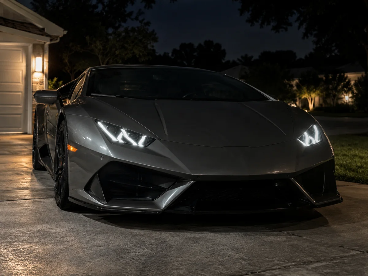 Front of a Lamborghini Huracán at night with both LED daytime lights on