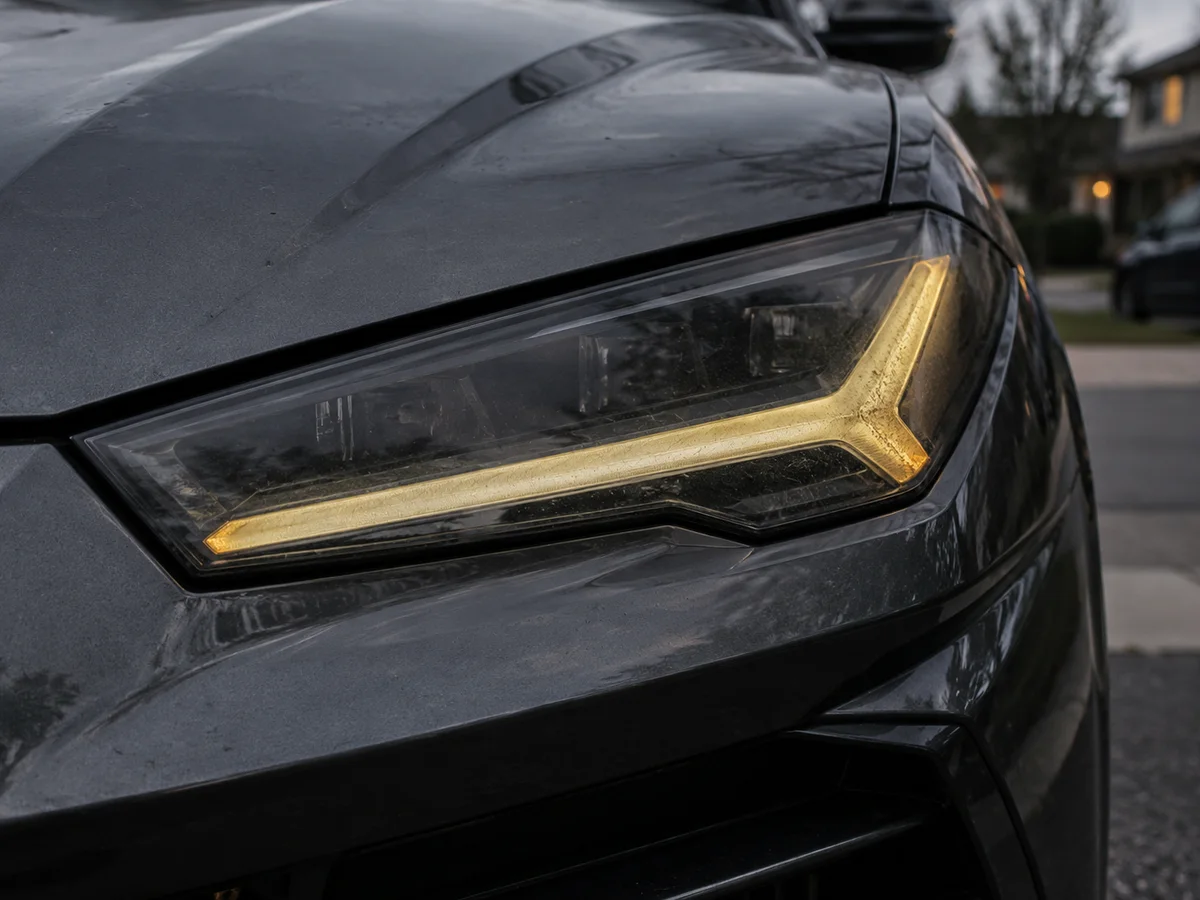 Lamborghini Urus headlight with a daytime running light guide glowing yellow instead of white
