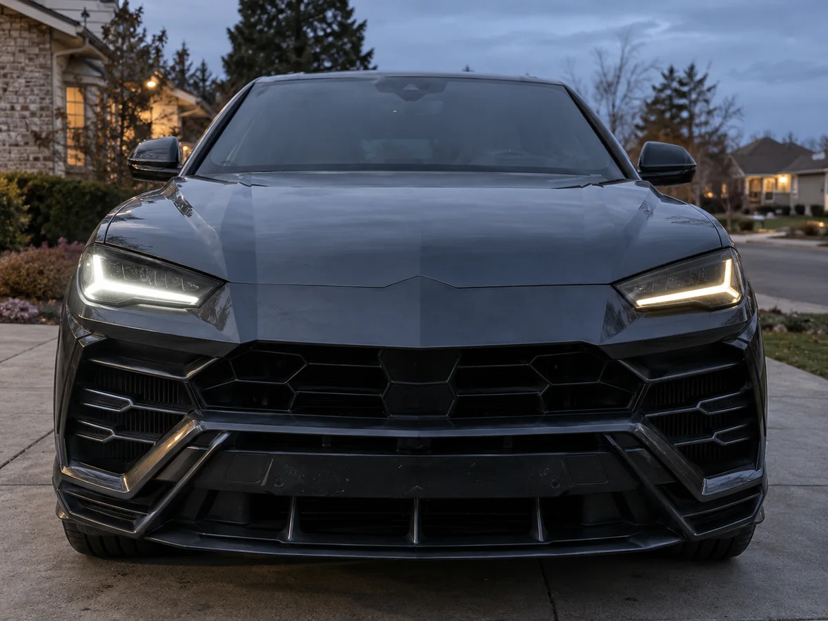 Front of a Lamborghini Urus with one daytime running light whiter than the other