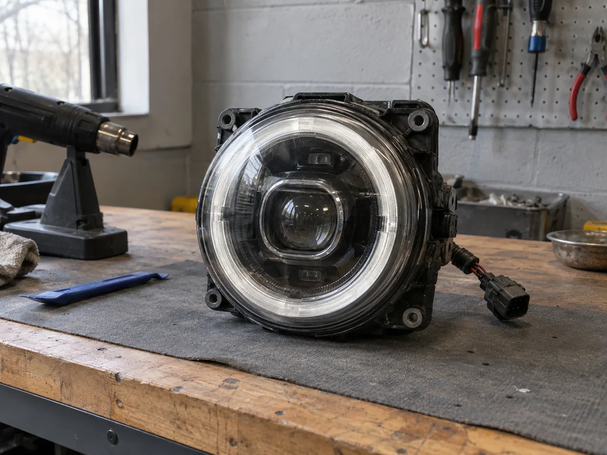 Defender LED headlight removed from the truck, with its round daytime running light visible