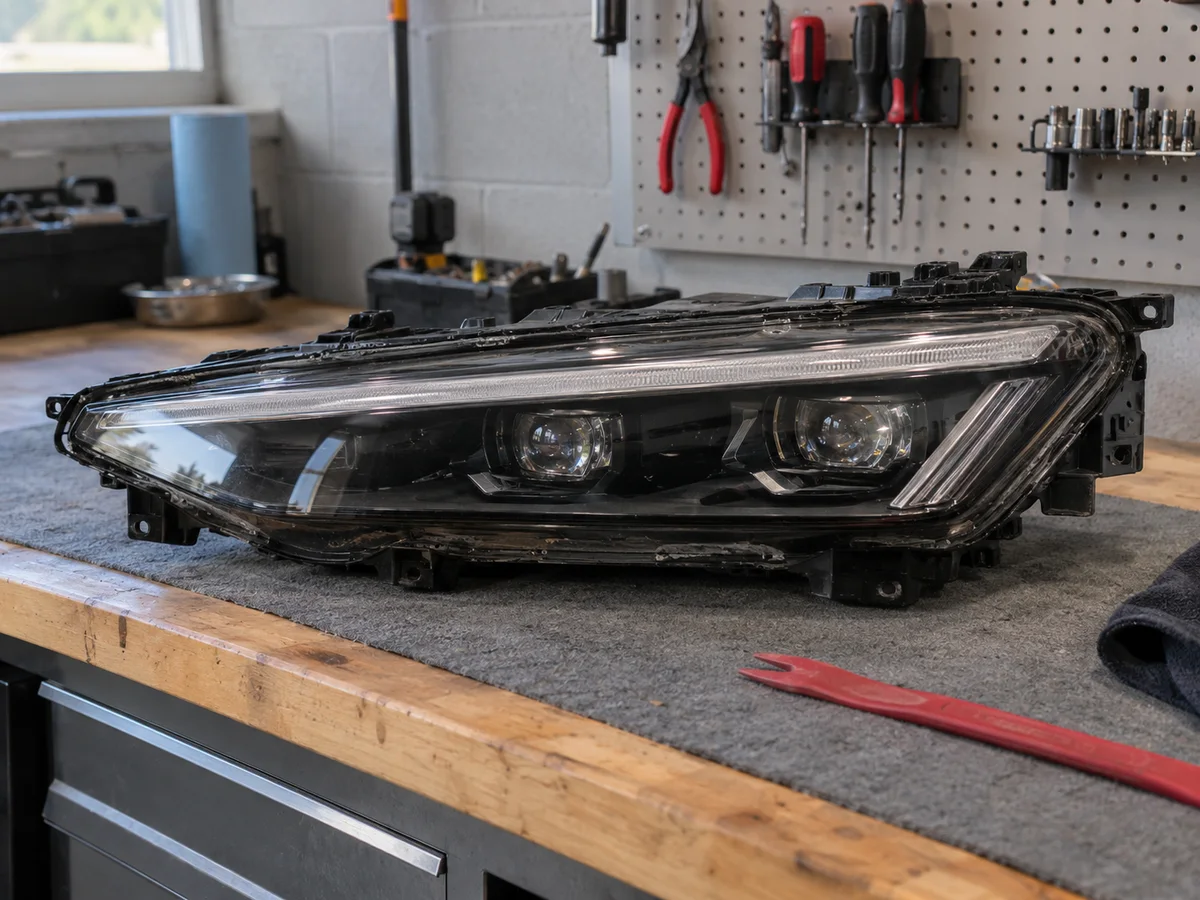 Range Rover Velar LED headlight removed from the vehicle, with the daytime running light strip visible