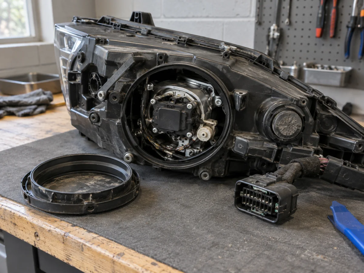 Rear of a Lexus adaptive headlight with the swivel unit and wiring connector exposed