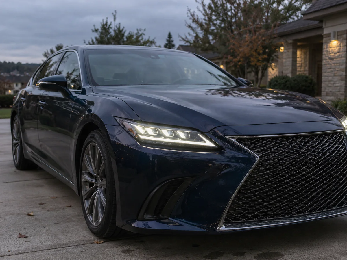 Front of a 2019-and-newer Lexus ES with both LED headlights on