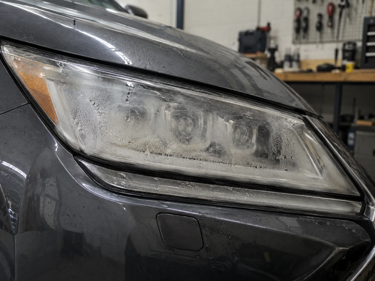 Fog and water droplets inside the lens of a Lexus SUV headlight