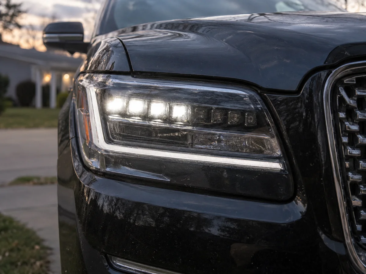 Lincoln LED headlight with one lighting section dark and the rest on