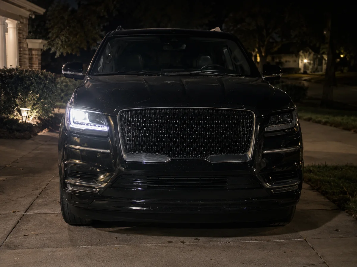 Front of a Lincoln Navigator at night with one LED headlight lit and the other dark