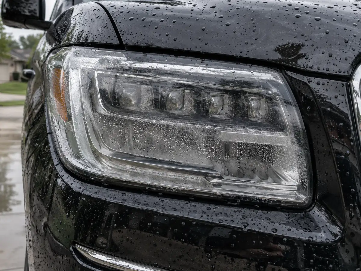 Water droplets inside the LED headlight of a Lincoln Navigator, behind the clear lens