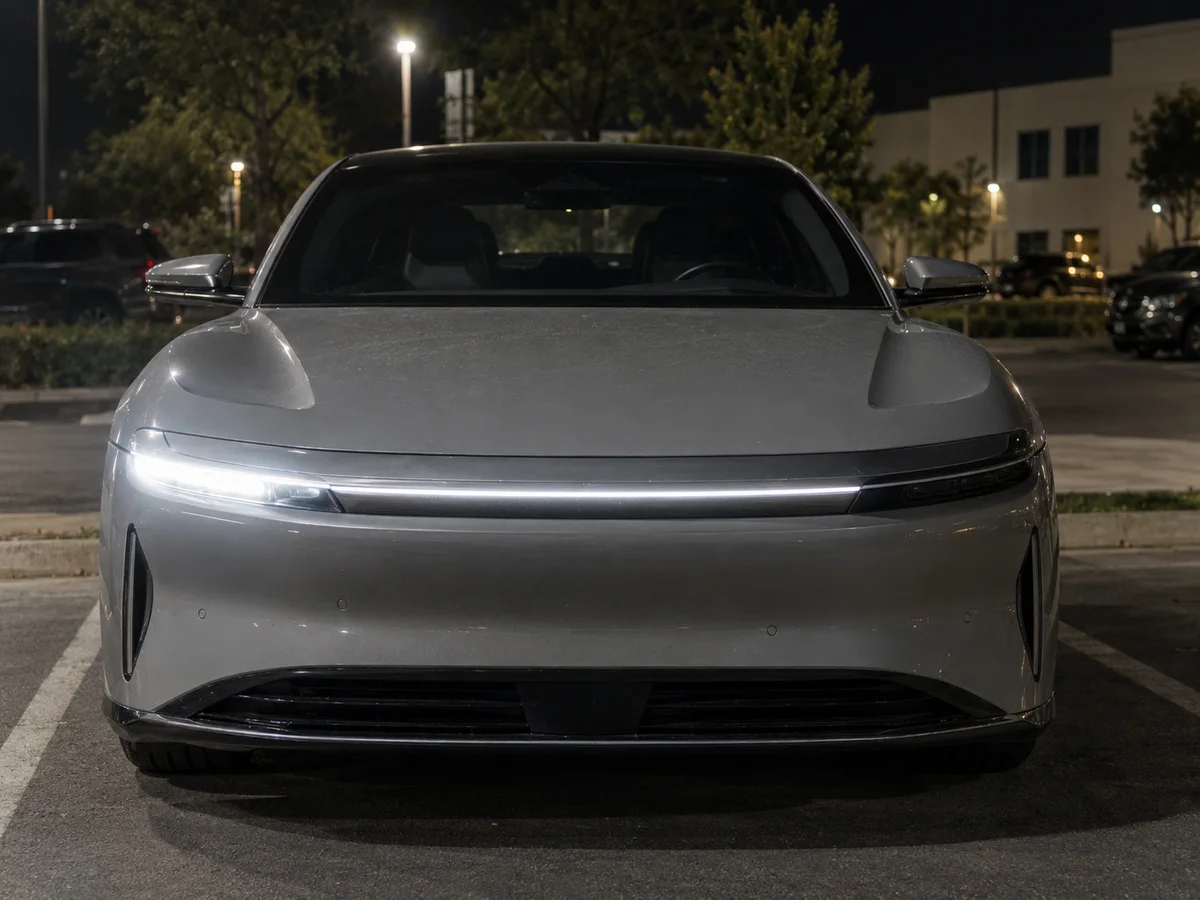 Front of a Lucid Air at night with one headlight lit and the other dark