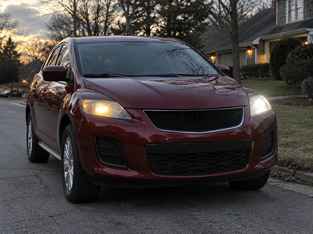 Front of a Mazda crossover SUV with both headlights on, one noticeably dimmer than the other