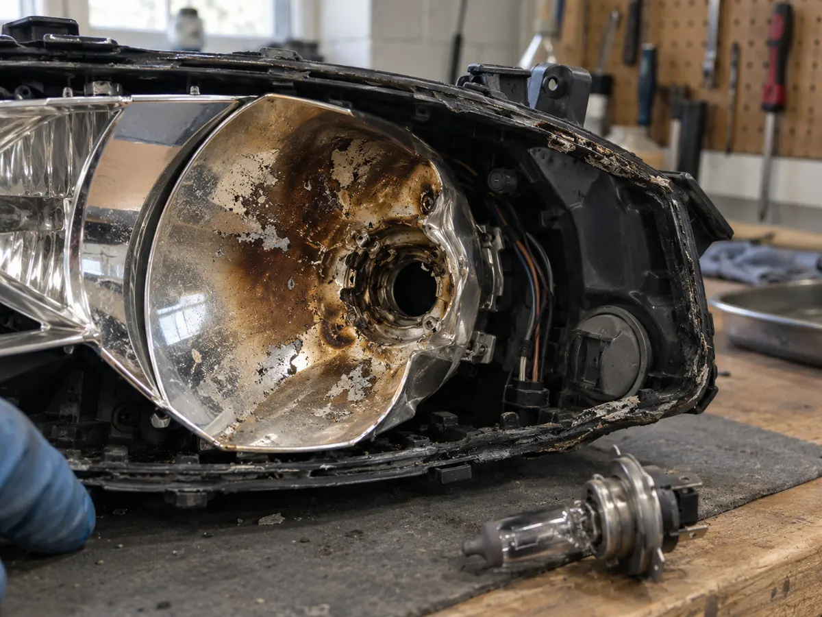Low beam reflector inside a crossover headlight, its chrome burned brown and warped around the bulb opening