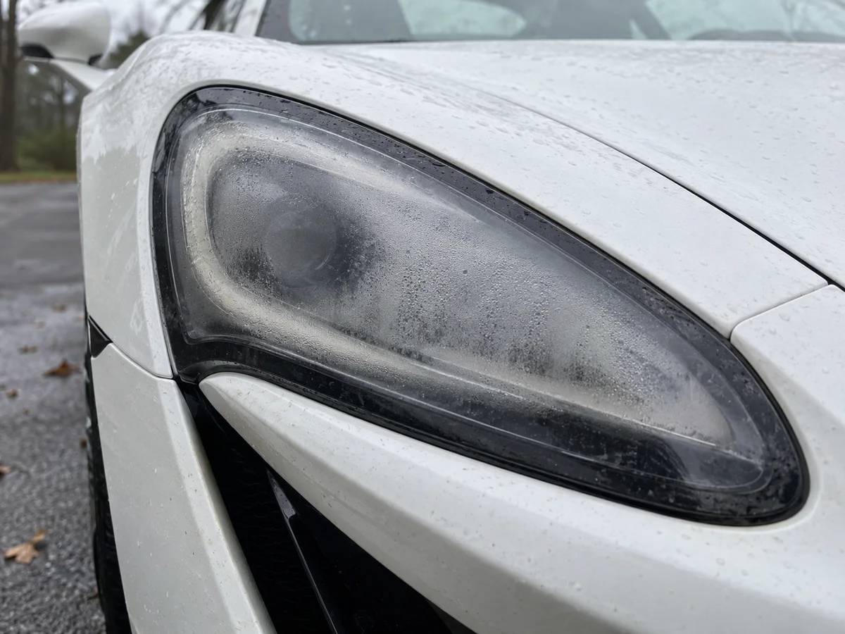 Fog covering the inside of the lens on a McLaren 570S headlight