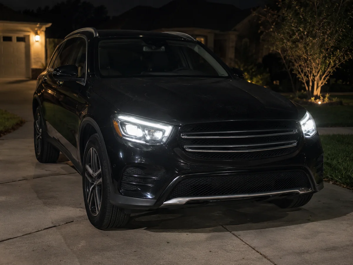Front of a Mercedes-Benz GLC at night with both LED headlights on